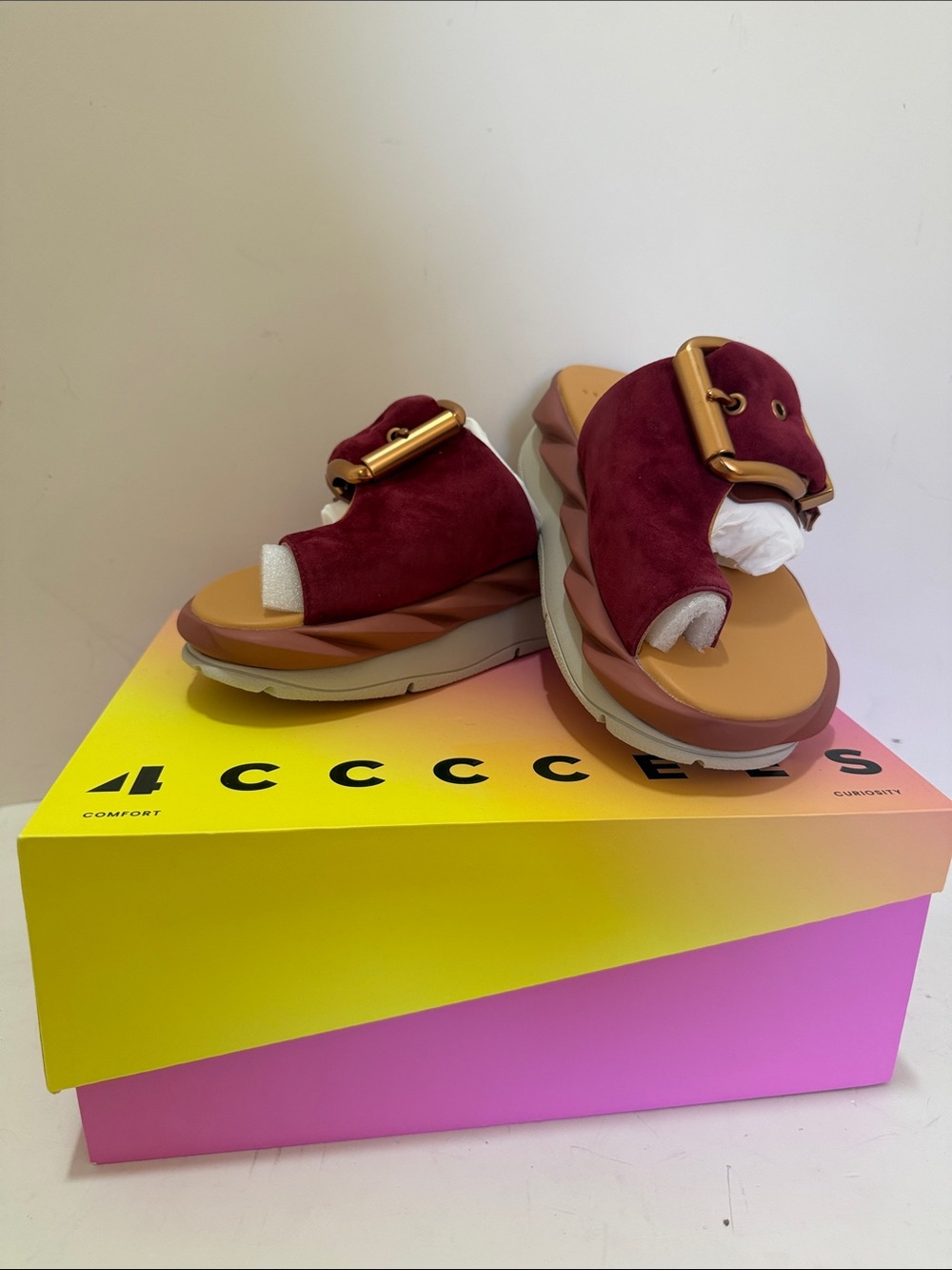 4ccccees Mellow Glow Burgundy Suede Slide Sandals with Gold Buckle
